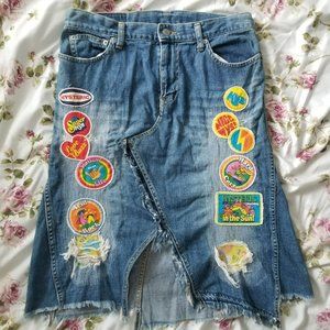 Vintage Hysteric Glamour Kinky Jeans Patchwork and Distressed Midi Denim Skirt